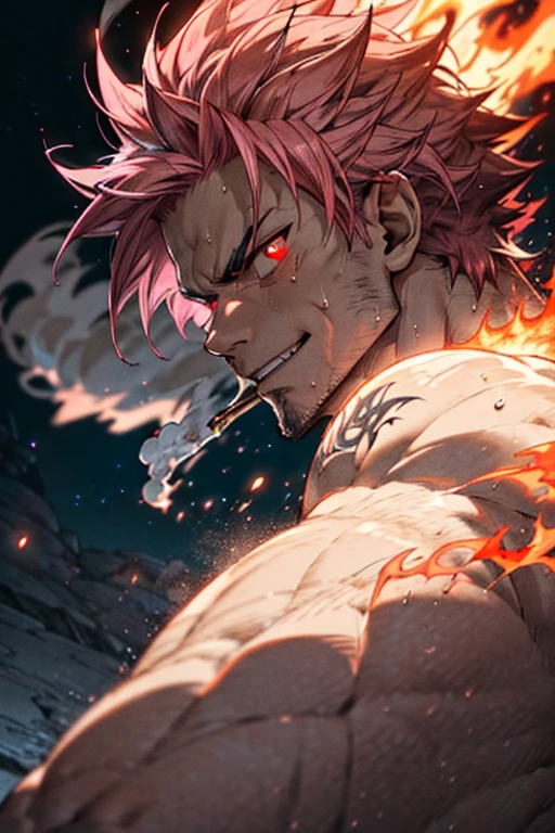 ((Front view, full body)) Muscular Natsu Dragneel standing, surrounded by lava, ((smirkinasculine beautiful eyes:1.5) (detailed symmetric face:1.2) , looking at the viewer, shirtless, muscular, sweating heavily, (best quality, 4k, highres, masterpiece:1.2), ultra-detailed, (at a distance:1.37), intense heat, fiery atmosphere, powerful aura, glowing red eyes, sharp facial features, fiery pink hair, fierce expression, red tattoo on his right arm, flames dancing around him, smoke billowing from the lava, epic composition, front view, vibrant colors, strong contrast, spot lighting