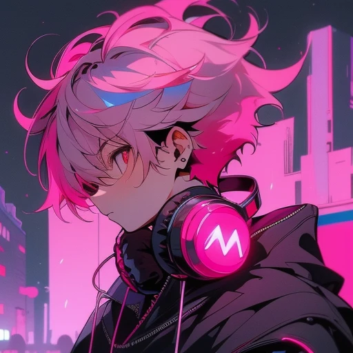 (short-cut), (Two-block hair), (vivid pink hair), (male character), (red eyes), (Cool pose), (of the highest quality), (masterpiece), (ultra-detailliert), (Oversized hoodies), (headphones), (Street), (neons), (Camera from a down angle), (Modern City), (Neon Daylight), (Cinematic), (Stylish), (hight resolution), (Hyper Detailed), (Looking at the camera), (Anime-style), (Softtown), (nightcore), (a handsome man), (Listening to music), (natural appearance of the building), (casual)