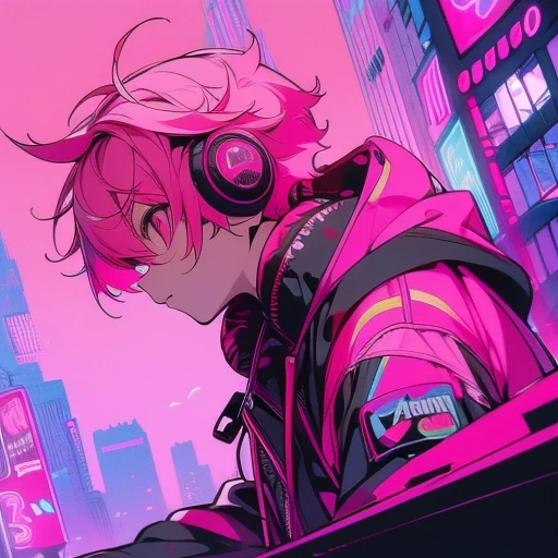 (short-cut), (Two-block hair), (vivid pink hair), (male character), (red eyes), (Cool pose), (of the highest quality), (​masterpiece), (ultra-detailliert), (Oversized hoodies), (headphones), (Street), (neons), (Camera from a down angle), (Modern City), (Neon Daylight), (Cinematic), (Stylish), (hight resolution), (Hyper Detailed), (Looking at the camera), (Anime-style), (Softtown), (nightcore), (a handsome man), (Listening to music), (natural appearance of the building), (casual)