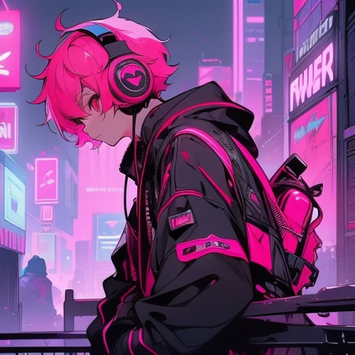 (short-cut), (Two-block hair), (vivid pink hair), (male character), (red eyes), (Cool pose), (of the highest quality), (masterpiece), (ultra-detailliert), (Oversized hoodies), (headphones), (Street), (neons), (Camera from a down angle), (Modern City), (Neon Daylight), (Cinematic), (Stylish), (hight resolution), (Hyper Detailed), (Looking at the camera), (Anime-style), (Softtown), (nightcore), (a handsome man), (Listening to music), (natural appearance of the building), (casual)