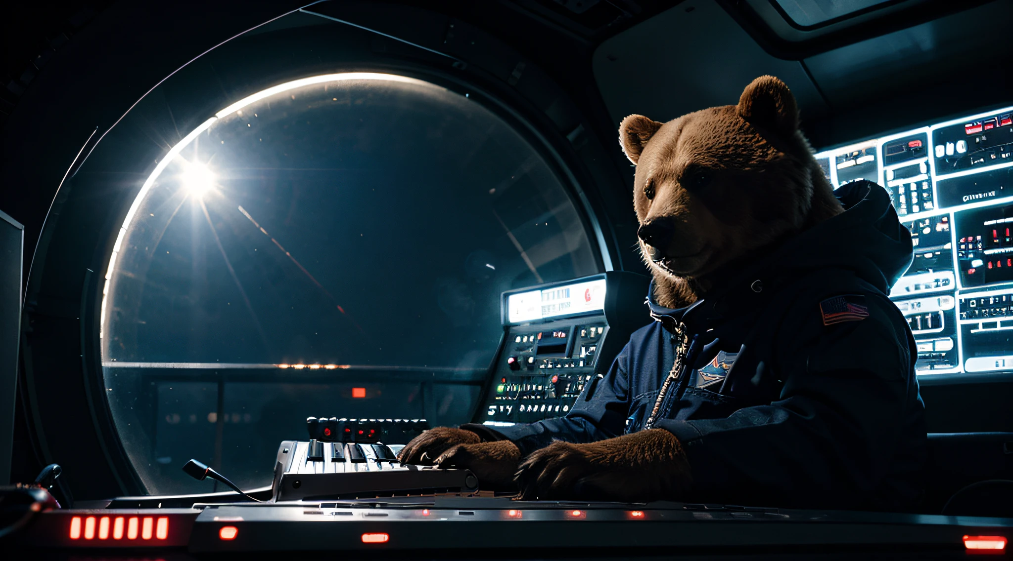 A Bear dressed in Russian space suite, playing on synthesizer in the space ship.