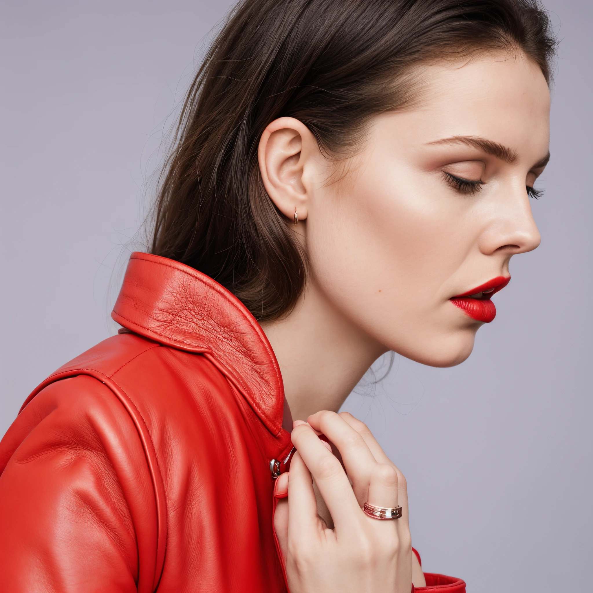 Wearing a red leather jacket、Fide woman with red lipstick,clemens ascher, Alexandra Valishevska, Trending on Dezeen, dezeen, by Julia Pishtar, author：Emma Angeleves and Anita Malfati,Hand delete，Remove the hands，