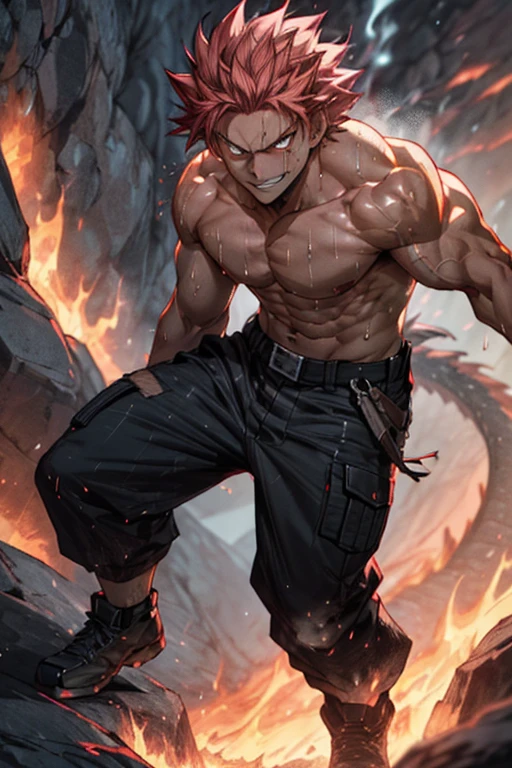 ((Front view, full body)) Muscular Natsu Dragneel surrounded by lava, smirking, looking at the viewer, shirtless, muscular, sweating heavily, (best quality, 4k, highres, masterpiece:1.2), ultra-detailed, (at a distance:1.37), intense heat, fiery atmosphere, powerful aura, glowing red eyes, sharp facial features, fiery pink hair, fierce expression, dragon tattoo on his right arm, flames dancing around him, smoke billowing from the lava, epic composition, front view, vibrant colors, strong contrast, spot lighting