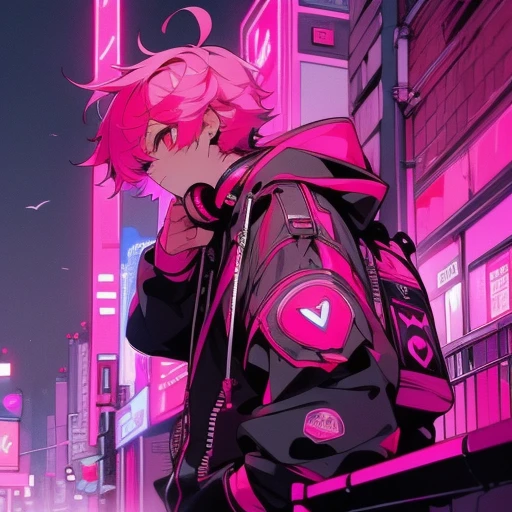 (short-cut), (Two-block hair), (vivid pink hair), (male character), (red eyes), (Cool pose), (of the highest quality), (masterpiece), (ultra-detailliert), (Oversized hoodies), (headphones), (Street), (neons), (Camera from a down angle), (Modern City), (Neon Daylight), (Cinematic), (Stylish), (hight resolution), (Hyper Detailed), (Looking at the camera), (Anime-style), (Softtown), (nightcore), (a handsome man), (Listening to music), (natural appearance of the building), (casual)