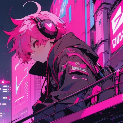 (short-cut), (Two-block hair), (vivid pink hair), (male character), (red eyes), (Cool pose), (of the highest quality), (masterpiece), (ultra-detailliert), (Oversized hoodies), (headphones), (Street), (neons), (Camera from a down angle), (Modern City), (Neon Daylight), (Cinematic), (Stylish), (hight resolution), (Hyper Detailed), (Looking at the camera), (Anime-style), (Softtown), (nightcore), (a handsome man), (Listening to music), (natural appearance of the building), (casual)
