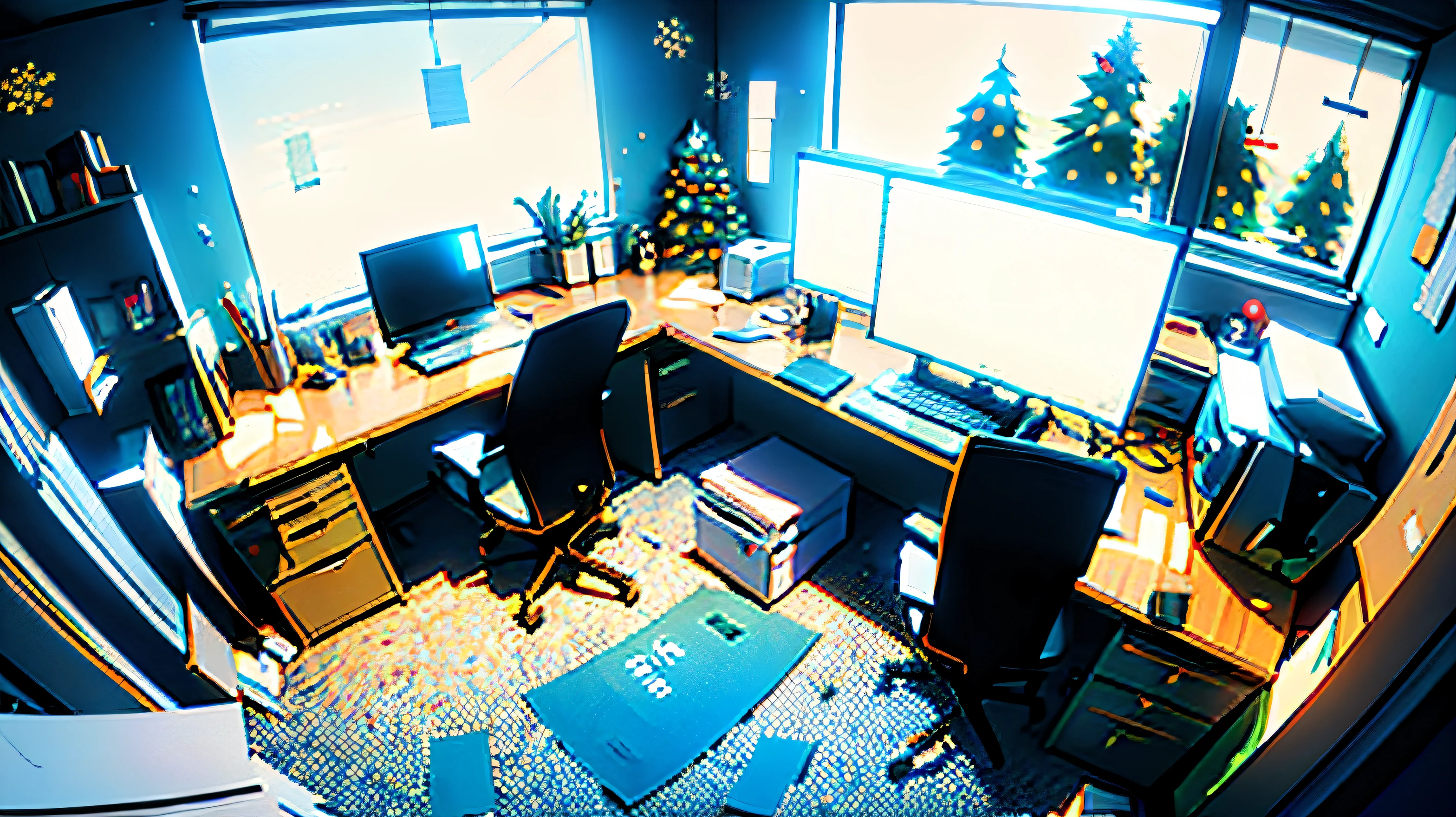 ((Abandoned messy home office room in Christmas season with disorganized working laptop and paper)), ((ultra-detailed things)), (detailed messy work desk), with snow and Christmas tree, coding studio, programmer studio, 3 monitors, headphones, mouse, keyboard, coffee, perspective, fisheye, ultra-detailed