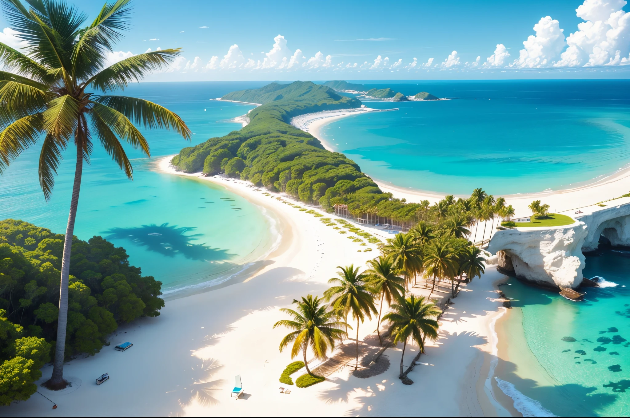 2D, A sun-drenched beach with crystal-clear turquoise water, gentle waves lapping on the shore, and palm trees swaying in the breeze.