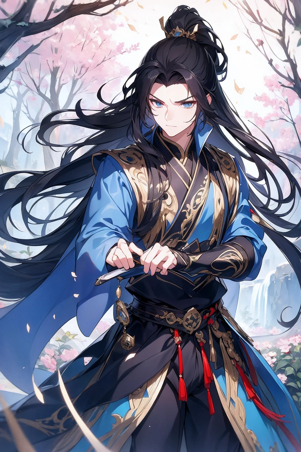 (Best quality,A high resolution,The image  clear:1.2),Ultra detailed backgrounds,Beautiful man standing holding sword，Long hair and high ponytail，this it，wind blowing through，Chinese style clothes,Wearing blue and black clothes，Garden scene,under moonlight,waterfall man，Romantic atmosphere,Dutch Angle Shot,gentlesoftlighting,portrait of upper body，mesmerizing eyes，sharp sharp eyes，Eye focus，