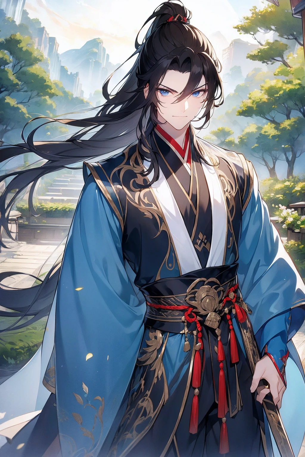 (Best quality,A high resolution,The image  clear:1.2),Ultra detailed backgrounds,Beautiful man standing holding sword，Long hair and high ponytail，this it，wind blowing through，Chinese style clothes,Wearing blue and black clothes，Garden scene,under moonlight,waterfall man，Romantic atmosphere,Dutch Angle Shot,gentlesoftlighting,portrait of upper body，mesmerizing eyes，sharp sharp eyes，Eye focus，