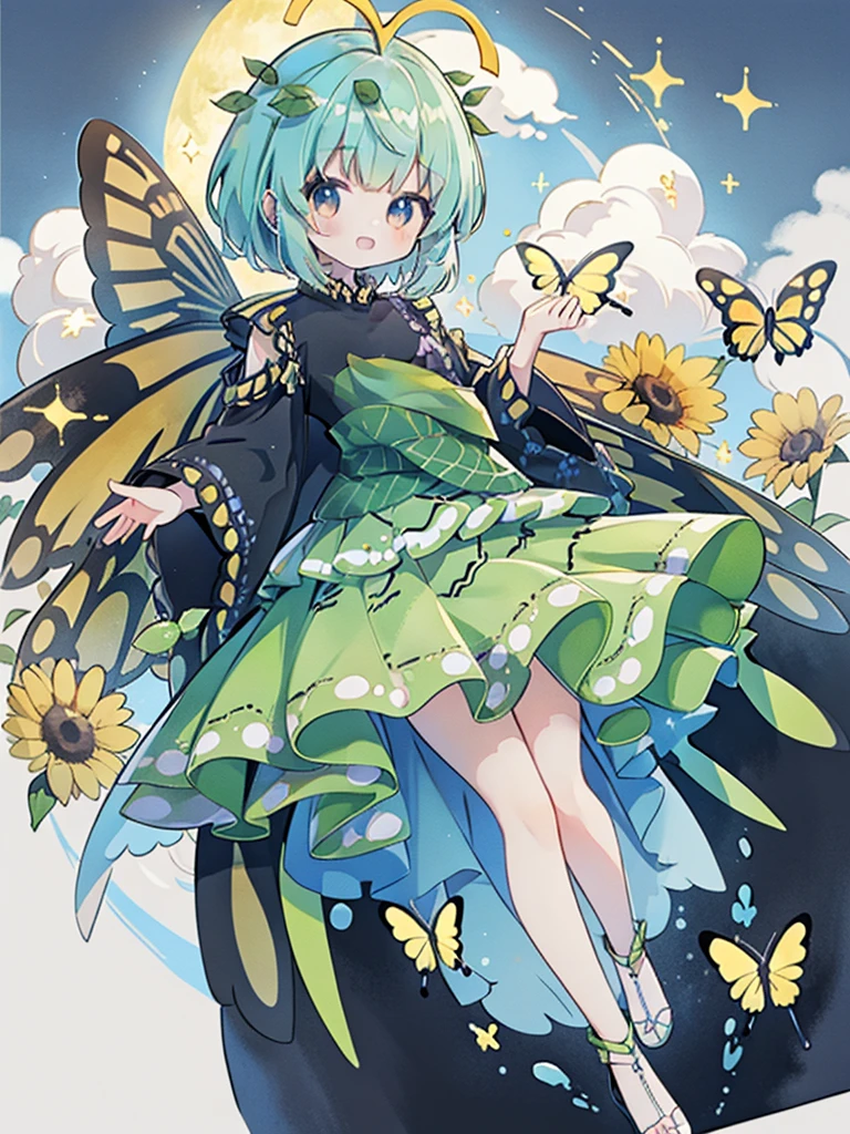 extremely detaild的 CG unified 8k wallpapers, very fine 8KCG wallpapers, Best quality ,ultra - detailed ,Nice face ,tmasterpiece、tmasterpiece、image quality、quality、Aqua hair、Short hair details,short- sleeved,Green skirt,butterfly butterfly wings,sunflower background,twosideup、gold eyes、Cute little girl onte,Blue sky and white clouds fly,leafs,Grinning,Anime manga girl,Beautiful shiny legs with special effectarefoot)Raise your hands diagonally upward,Close one eye,flying Posture