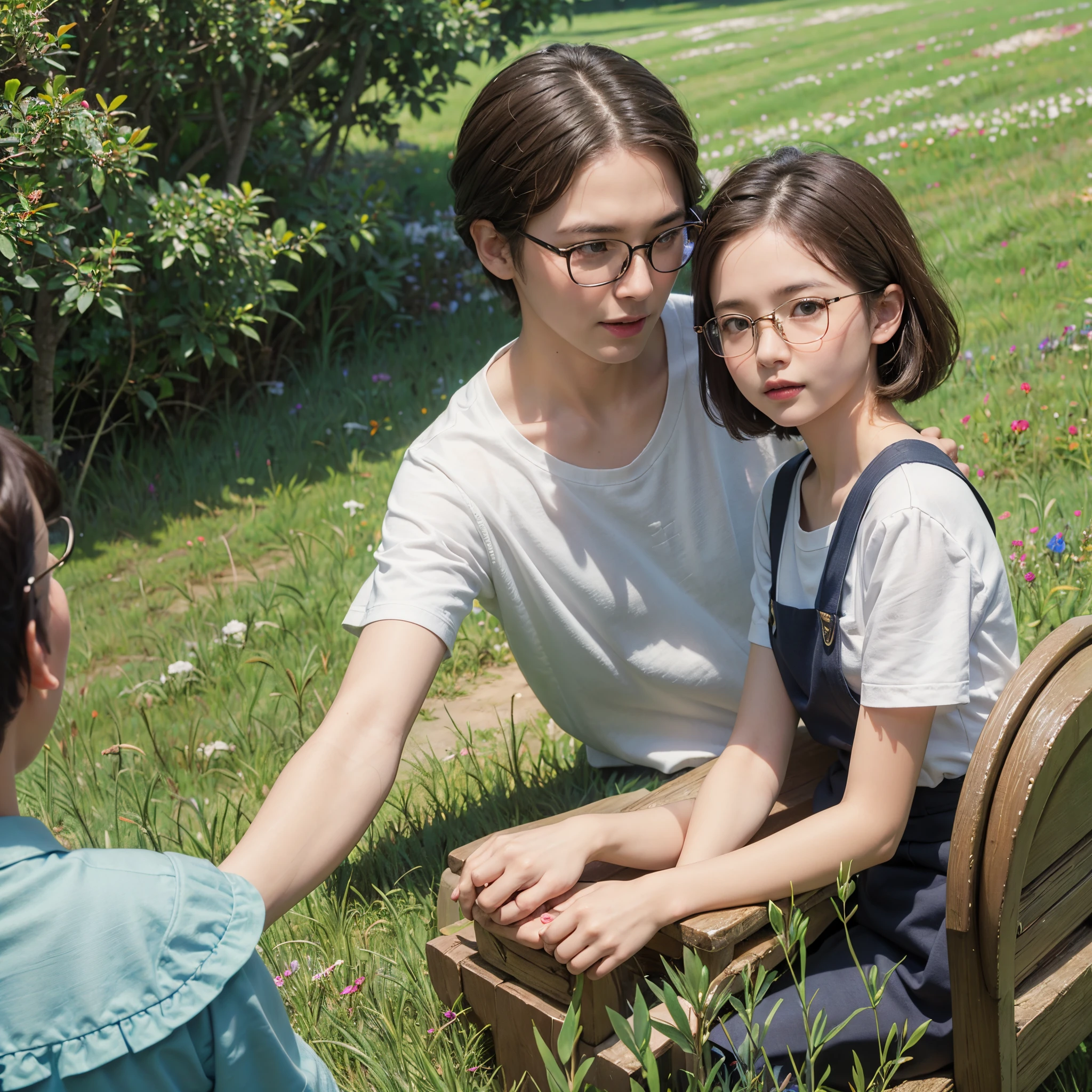 Family of three,On the grass,Have fun playing,Dad wears glasseom wears glasses,little boy 3 years old,Delicate facial features,lively and lovely,super exquisite details,8K