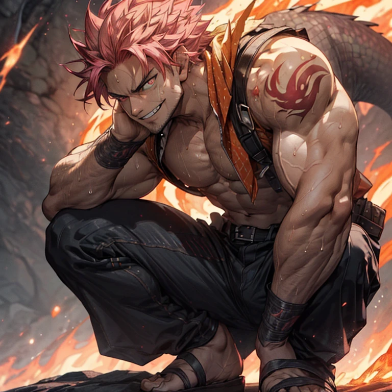 ((Front view, full body)) Muscular Natsu Dragneel squatting, surrounded by lava, ((smirking))( masculine beautiful eyes:1.5) (detailed symmetric face:1.2) , looking at the viewer, shirtless, muscular, sweating heavily, (best quality, 4k, highres, masterpiece:1.2), ultra-detailed, (at a distance:1.37), intense heat, fiery atmosphere, powerful aura, glowing red eyes, sharp facial features, fiery pink hair, fierce expression, dragon tattoo on his right arm, flames dancing around him, smoke billowing from the lava, epic composition, front view, vibrant colors, strong contrast, spot lighting