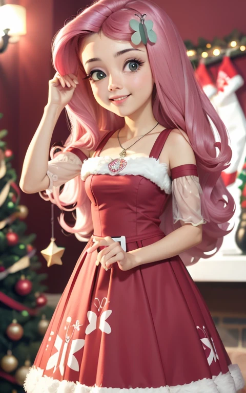 (La mejor calidad, Obra maestra), 1girl, 21 year old , brillar, vestido, Particle, viento, Flor, Parte superior del cuerpo , Mirando al espectador, cabello largo , lindos ojos , vestido rojo de navidad , Christmas Dress , maquillaje , labios rojos , sombra de ojos , hermosa sonrisa , background with christmas , senos grandes , largo cabello color rosa, foto de cuerpo completo , pose sexy , Fluttershy , ojos color azules, linda sonrisa , ropa roja santaclaus