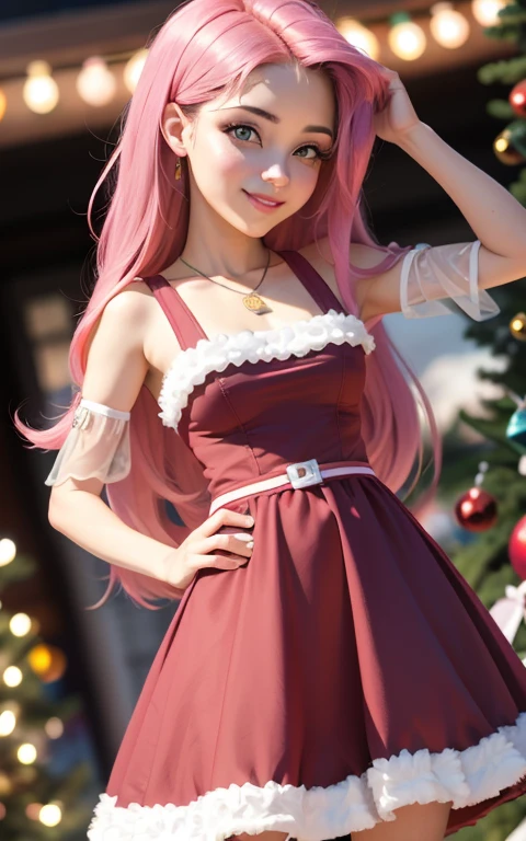 (La mejor calidad, Obra maestra), 1girl, 21 year old , brillar, vestido, Particle, viento, Flor, Parte superior del cuerpo , Mirando al espectador, cabello largo , lindos ojos , vestido rojo de navidad , Christmas Dress , maquillaje , labios rojos , sombra de ojos , hermosa sonrisa , background with christmas , senos grandes , largo cabello color rosa, foto de cuerpo completo , pose sexy , Fluttershy , ojos color azules, linda sonrisa , ropa roja santaclaus
