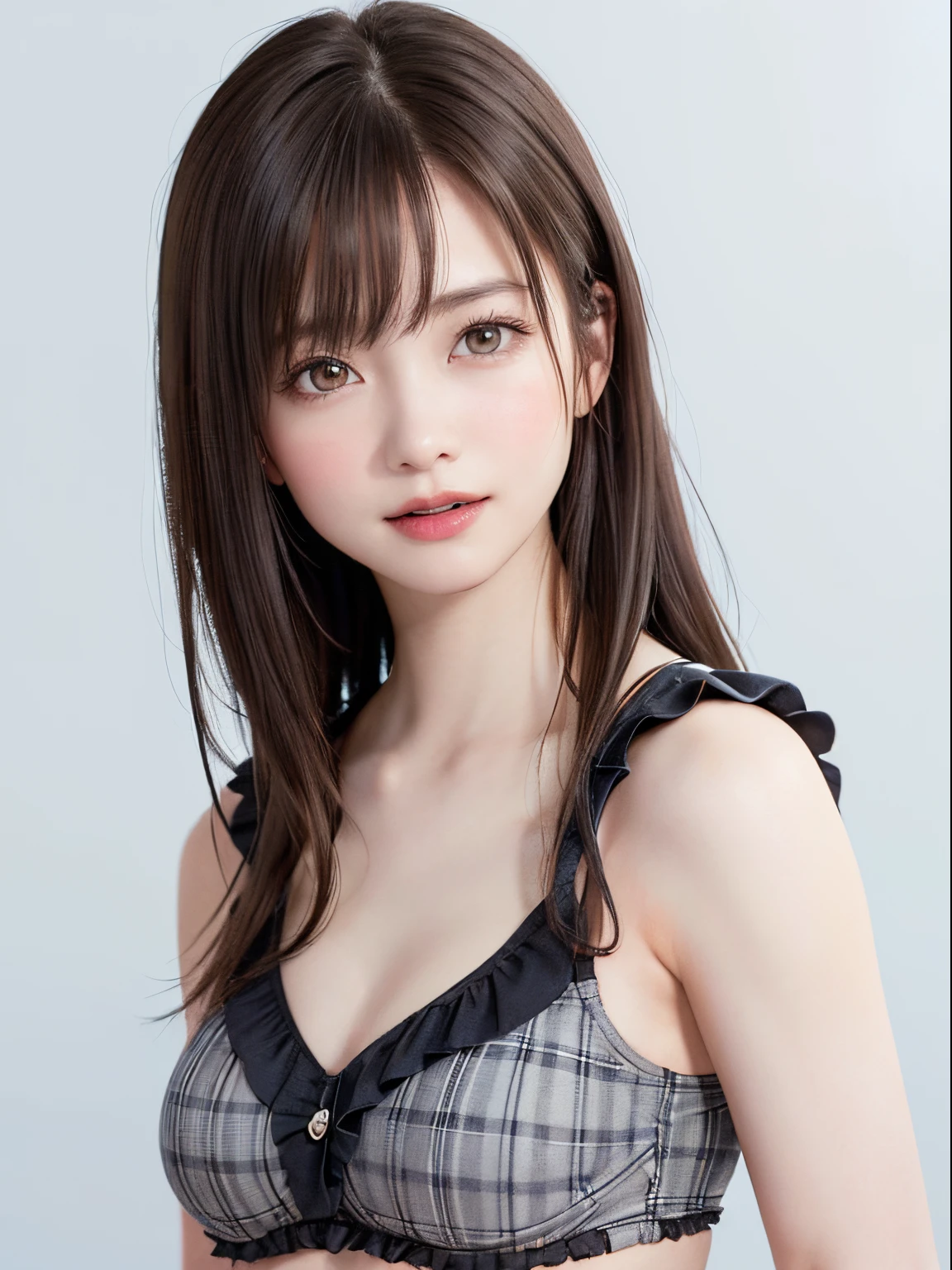 (top-quality、8K、32K、​masterpiece、nffsw:1.2)、(Raw photography)、(realisitic)、(Photorealsitic:1.2)、(hight resolution)、ultra-detailliert、extremely beautiful face and eyes、1girl in、round small face、big breasts thin waist、Delicate body、(a closeup、top-quality、high detailing、rich skin detail、nffsw)、(Best Quality、8K、oilpaint:1.2)、Ultra-detailed、(Realistic、Photorealistic:1.37)、Vibrant colors、(((cheeks are flushed)))、(((Female face)))、(((Has a double piece)))、(((light brown hair)))、(((Arms folded in front of the chest)))、(((great laughter)))、(((bustshot)))、(((white backgrounid)))、((lob  hair))、(((Pure white wall background)))、(((She is wearing white and gray plaid underwear)))、(((Pure white wall background)))、(((Bra with frills)))