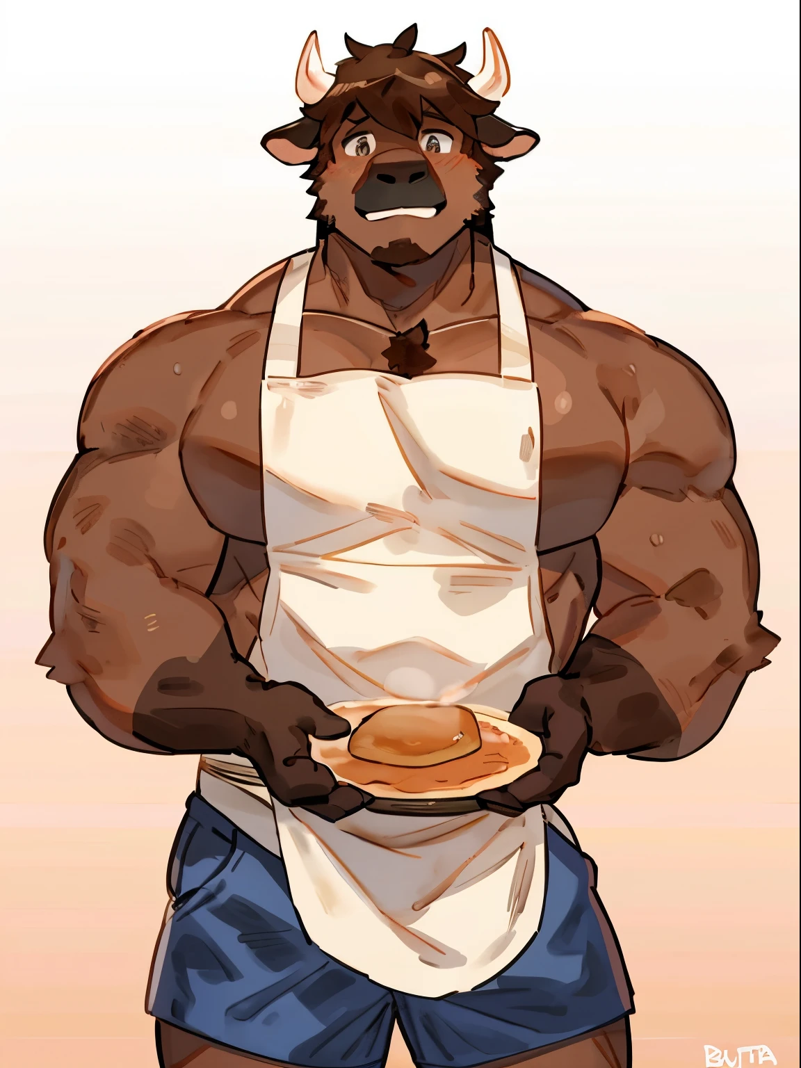 shaggy, Humanoid, human bull, cow head,male people, e621, Eternal, Muscular, Place your hands behind your back, Send apron, wearing a shorts, solid color backdrop,strong,get a spatula,cook, Front view, dark skin color, By Buta99