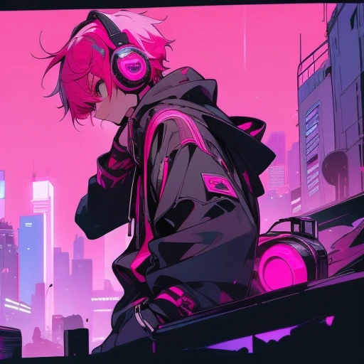 (short-cut), (Two-block hair), (vivid pink hair), (male character), (red eyes), (Cool pose), (of the highest quality), (​masterpiece), (ultra-detailliert), (Oversized hoodies), (headphones), (Street), (neons), (Camera from a down angle), (Modern City), (Neon Daylight), (Cinematic), (Stylish), (hight resolution), (Hyper Detailed), (Looking at the camera), (Anime-style), (Softtown), (nightcore), (a handsome man), (Listening to music), (natural appearance of the building), (casual)
