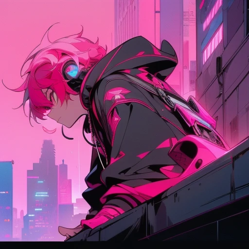 (short-cut), (Two-block hair), (vivid pink hair), (male character), (red eyes), (Cool pose), (of the highest quality), (masterpiece), (ultra-detailliert), (Oversized hoodies), (headphones), (Street), (neons), (Camera from a down angle), (Modern City), (Neon Daylight), (Cinematic), (Stylish), (hight resolution), (Hyper Detailed), (Looking at the camera), (Anime-style), (Softtown), (nightcore), (a handsome man), (Listening to music), (natural appearance of the building), (casual)