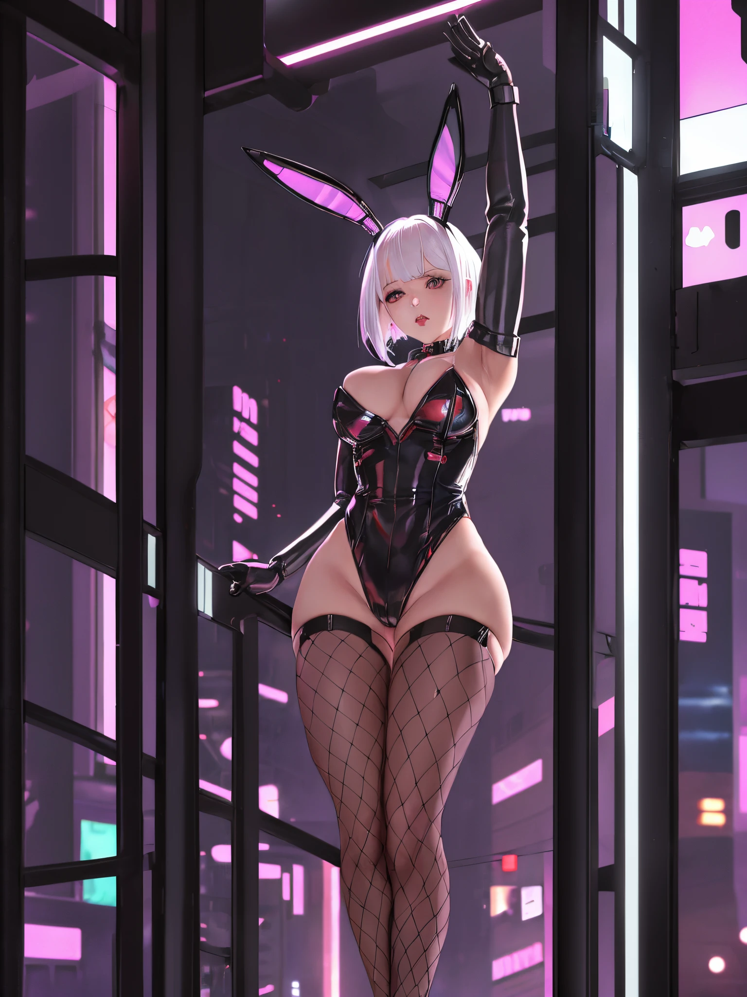 lucy \(cyberpunk\), 1girl, solo, looking at viewer, cyberpunk, cyborg, white hair, short hair, (black bunnysuit, black fishnet stockings, black bunny ears), (cyberpunk edgerunner) (mature female), (lucy pole dancing, one in the air), (strip_club_venue, moody club background), ,(masterpiece:1.2), (best quality:1.2)