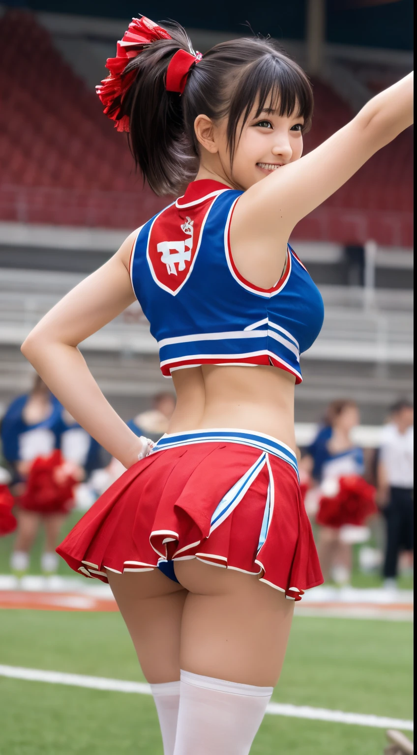 Panties visible through the skirt, (Japan Cheerleaders:1.3), gros-plan,  Photo, Big breasts, (ar old)oung face, Pretty Face, Raw photo, Best Quality, High resolution, (masutepiece), (Photorealistic:1.37), Professional Photography, Sharp Focus, nffsw, 8K resolution, Intricate details, depth of fields, Highly detailed CG Unity 8k wallpaper, Front light, NSFW, femele, girl, beautiful supermodel, Smile, slender, (Vibrant poses:1.3), Back view, thighs thighs thighs thighs, (poneyTail, scrunchie:1.3), Super long hair, Taken from the ground