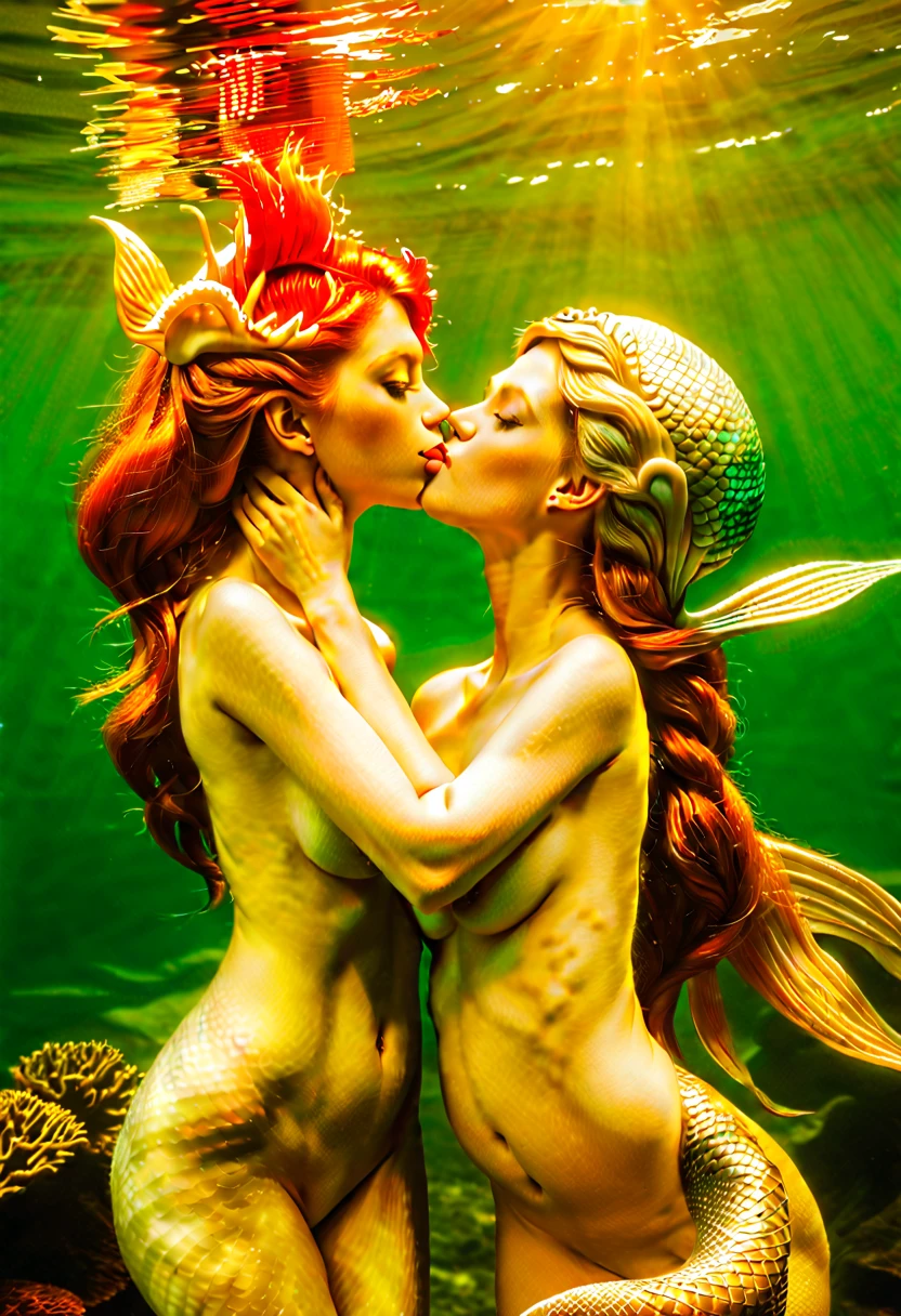 two nude mermaids kissing