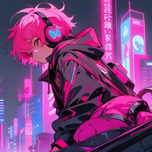 (short-cut), (Two-block hair), (vivid pink hair), (male character), (red eyes), (Cool pose), (of the highest quality), (​masterpiece), (ultra-detailliert), (Oversized hoodies), (headphones), (Street), (neons), (Camera from a down angle), (Modern City), (Neon Daylight), (Cinematic), (Stylish), (hight resolution), (Hyper Detailed), (Looking at the camera), (Anime-style), (Softtown), (nightcore), (a handsome man), (Listening to music), (natural appearance of the building), (casual)