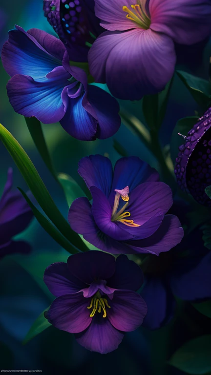 8K resolution, ultra-detailed and complex Gothic style full of detailed art art, the theme a flower, presenting a dreamy complex style and complementary colors. The splash screen design inspired by Gothic deviant art, and the shots are highlighted with dark tones. Use layered rendering such as soft cinematic light, Adobe Lightroom, Light Lab, HDR, and more to process complex and highly detailed bluebell images.