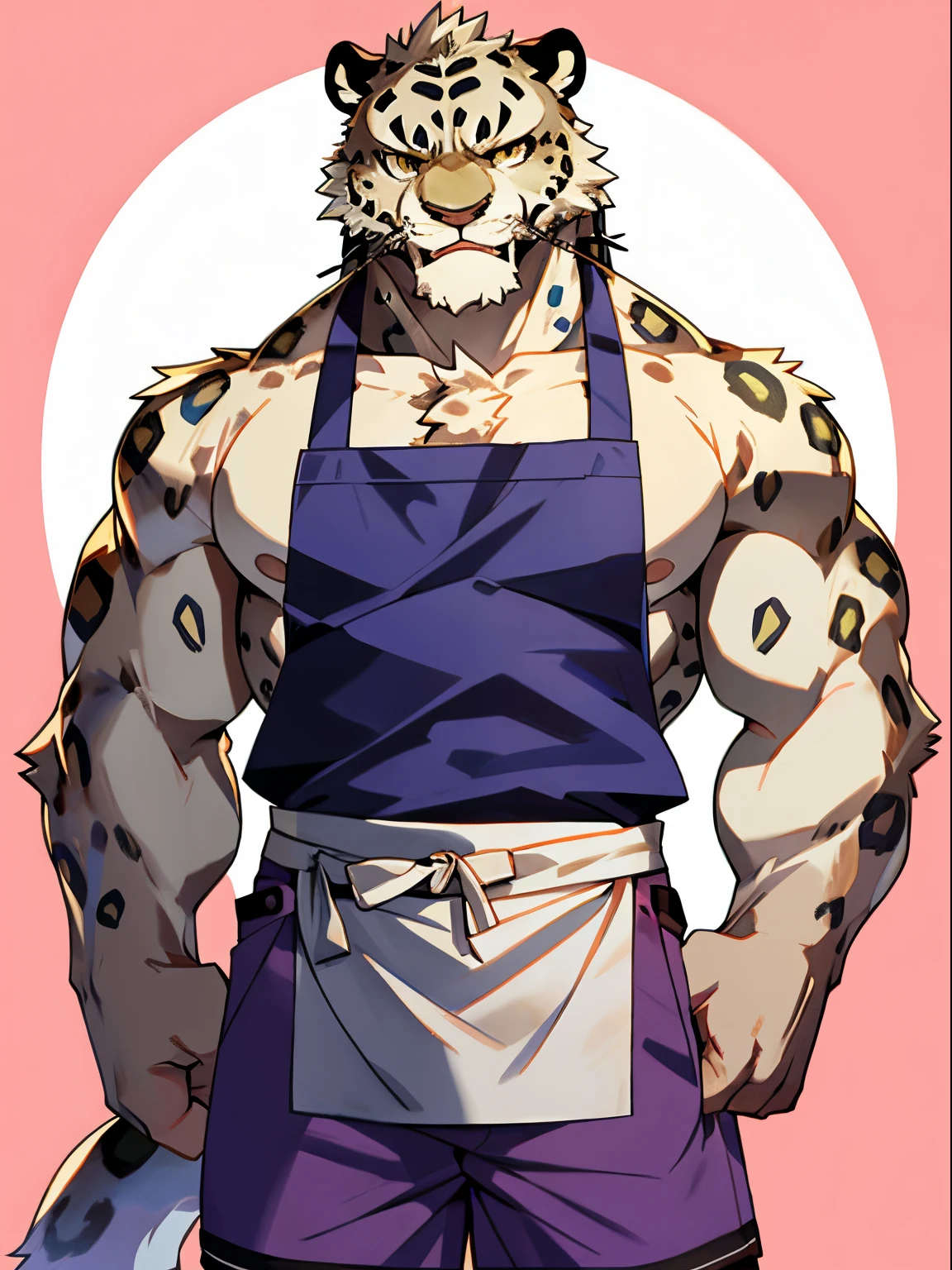 shaggy, human character, Humanoid snow leopard, male people, e621, everlasting, musculous, Put on an apron，Wearing purple shorts,  solid color backdrop，cook, Front view, dark skin color, By Buta99