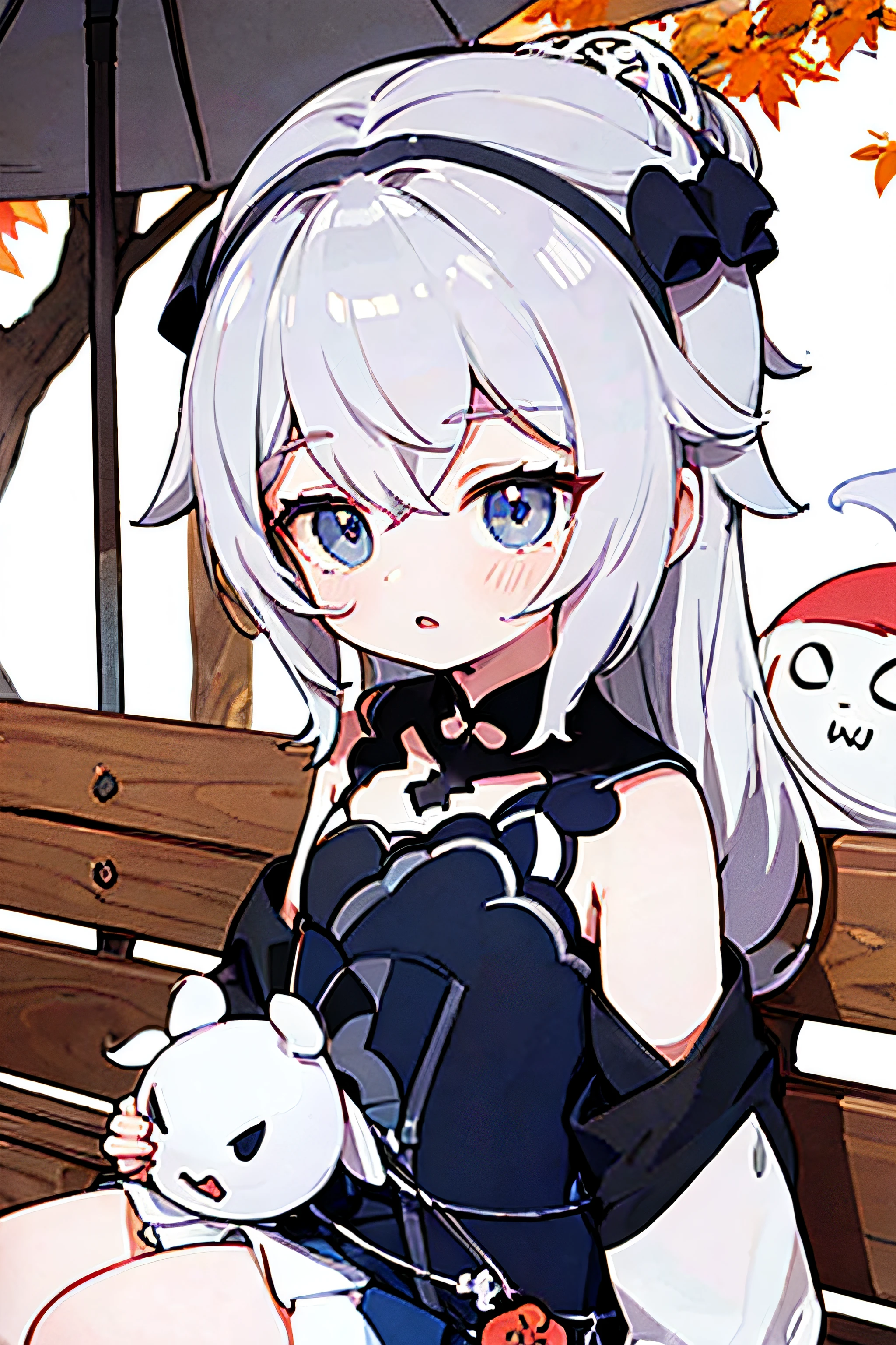 Close-up of a person sitting on a park bench, MapleStory, Maple Leaf Story style, Amused, embarressed, Tired and troubled expression, tired god, astonishment, tired ghost expression, Wow wow wow, much wow, MapleStory, Chibi, White hair,eBlue eyes， Inspired by pinned, Angry, Haha, White hair, Gray-haired girl