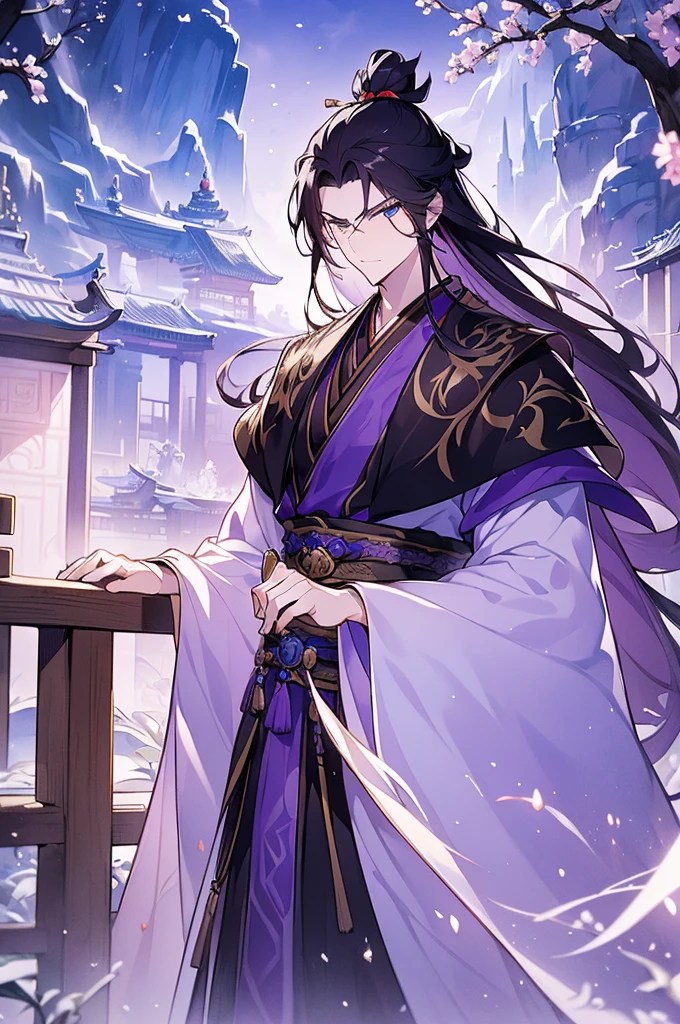 (Best quality at best,A high resolution,The image  clear:1.2),Ultra detailed backgrounds,Beautiful man standing holding sword，mesmerizing eyes，，wind blowing through，Chinese-style clothes,Purple collar，Black fur collar cloak，Garden scene,under moonlight,waterfall man，Romantic atmosphere,Dutch Angle Shot,gentlesoftlighting,portrait of upper body，sharp look