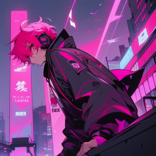 (short-cut), (Two-block hair), (vivid pink hair), (male character), (red eyes), (Cool pose), (of the highest quality), (masterpiece), (ultra-detailliert), (Oversized hoodies), (headphones), (Street), (neons), (Camera from a down angle), (Modern City), (Neon Daylight), (Cinematic), (Stylish), (hight resolution), (Hyper Detailed), (Looking at the camera), (Anime-style), (Softtown), (nightcore), (a handsome man), (Listening to music), (natural appearance of the building), (casual)