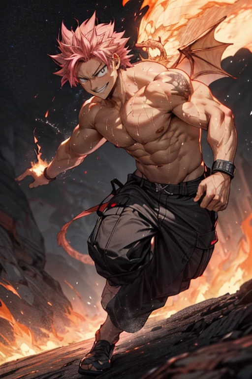 Smirking handsome face of Natsu Dragneel, symmetric and strong