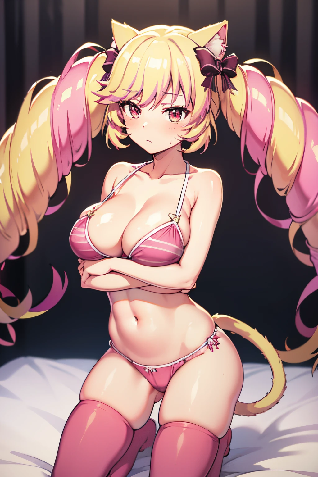 4kqulity, top-quality, , big breast,)on the beds, show breasts, 16age, sexypose, ultra-mini beautiful lingerie and stockingewitchingbeauty legs, closing eye Feeling face Love Pee, pink microbikini, twin_drills, twintails, long hair, cat ears, yellow cat ea, red eyes, Himeko, bare shoulders, sleeveless, tail, hair bow, pink stockings, pink lingerie, show vaginal rupture, pink microbikini and stockings