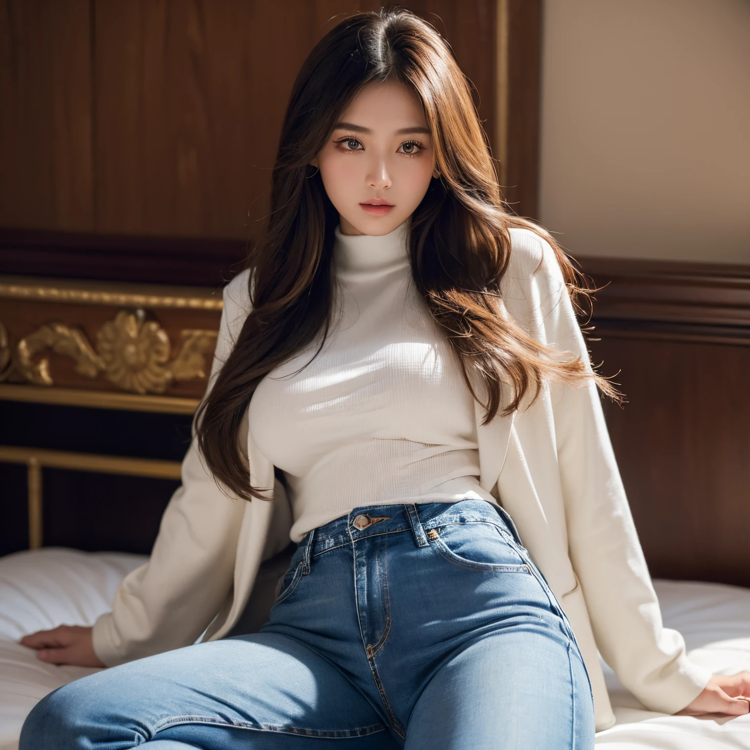 (tmasterpiece:1.4), (Best quality at best:1.4), The very detailed, iintricate, ultra - detailed, (s the perfect face), illustratio,gentlesoftlighting, full_body, 1个Giant Breast Girl, Solitude, to the hair, Colorful, Colorful,skintight jeans,