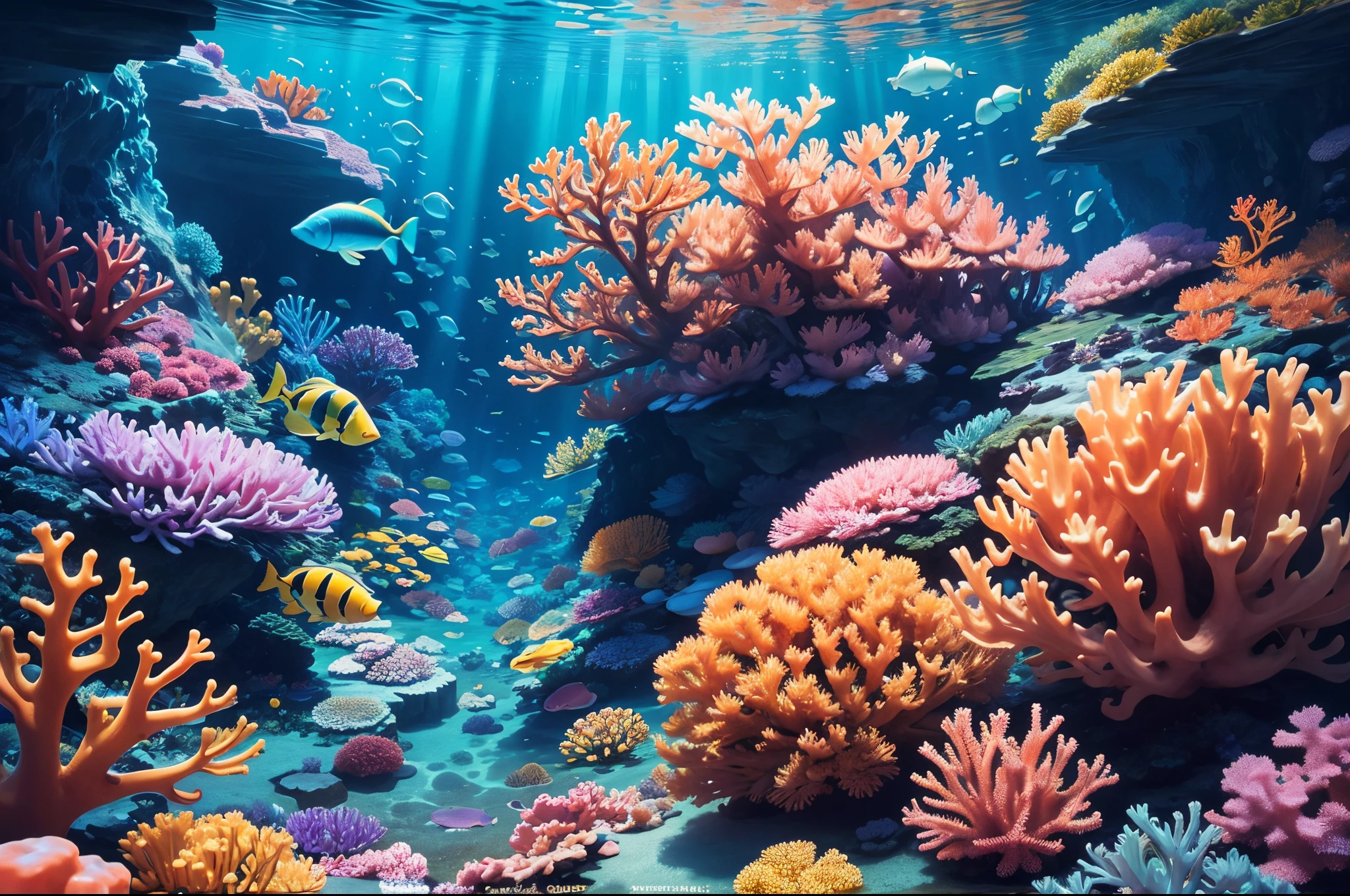 2D, A vibrant coral reef teeming with colorful fish and marine life, with sunlight filtering through the clear water.