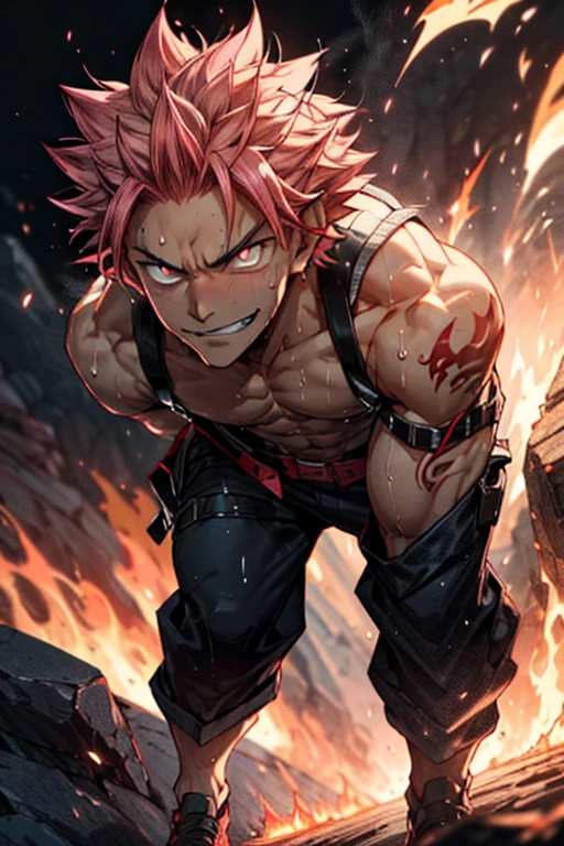 ((Front view, full body)) Muscular Natsu Dragneel standing, surrounded by lava, ((smirking))( masculine beautiful eyes:1.5) (detailed symmetric face:1.2) , looking at the viewer, shirtless, muscular, sweating heavily, (best quality, 4k, highres, masterpiece:1.2), ultra-detailed, (at a distance:1.37), intense heat, fiery atmosphere, powerful aura, glowing red eyes, sharp facial features, fiery pink hair, fierce expression, red tattoo on his right arm, flames dancing around him, smoke billowing from the lava, epic composition, front view, vibrant colors, strong contrast, spot lighting