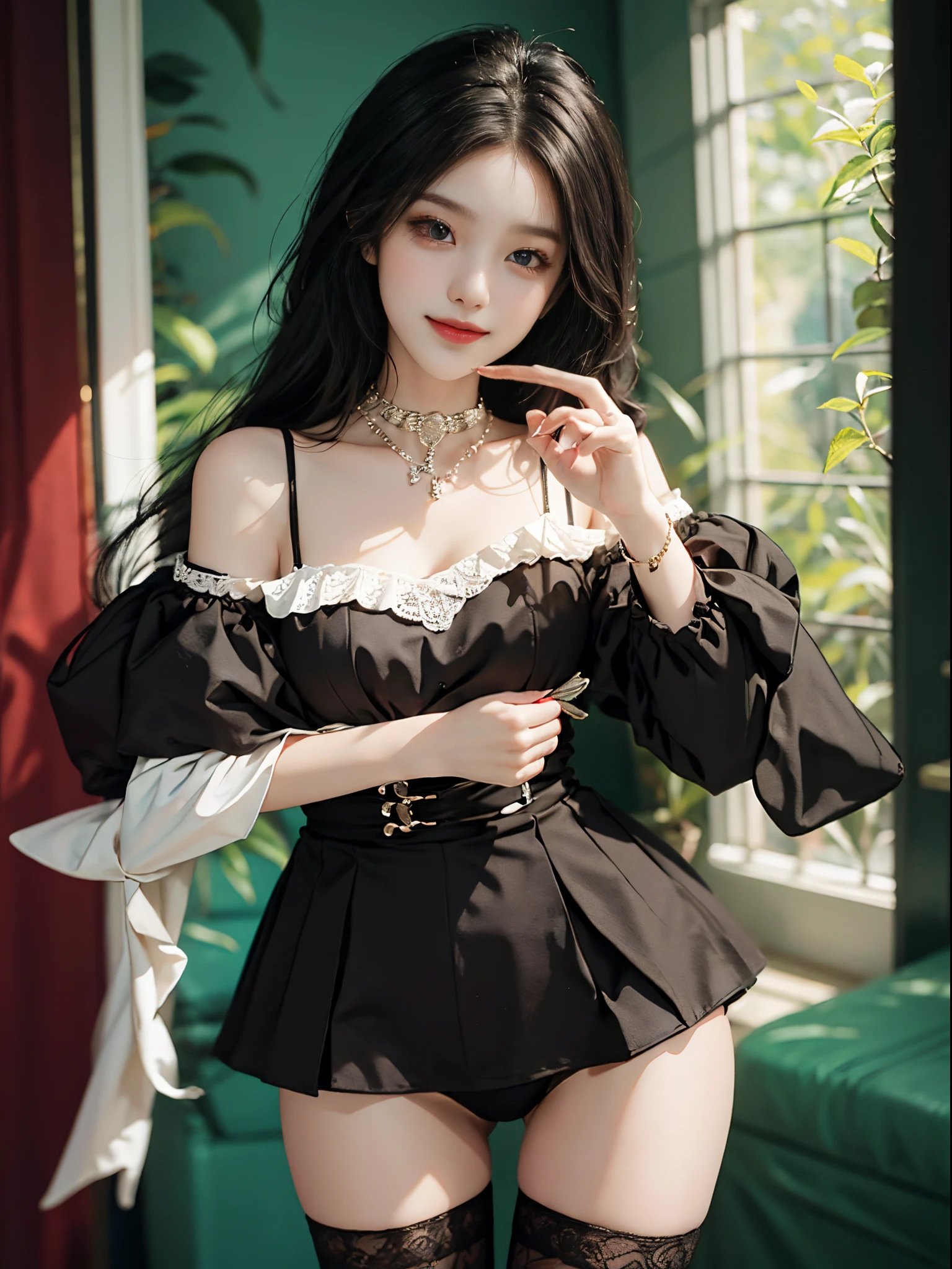 Sweet girl clothes5,high-waist skirt,jewelry,thighhighs,, fashi-girl, ((cowboy shot)), A beautyful girl, a young female model, Random pose, posing elegantly, visually appealing, tmasterpiece, (Best quality at best, 4K, 8K, A high resolution, tmasterpiece:1.2), a warm color palette, ultra - detailed, Ultra-fine painting, delicated face, long slim figure, slim, largeeyes, pretty eyes, Hefty Smile, Random shooting angle, Random scenes