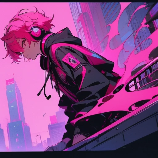 (short-cut), (Two-block hair), (vivid pink hair), (male character), (red eyes), (Cool pose), (of the highest quality), (masterpiece), (ultra-detailliert), (Oversized hoodies), (headphones), (Street), (neons), (Camera from a down angle), (Modern City), (Neon Daylight), (Cinematic), (Stylish), (hight resolution), (Hyper Detailed), (Looking at the camera), (Anime-style), (Softtown), (nightcore), (a handsome man), (Listening to music), (natural appearance of the building), (casual)