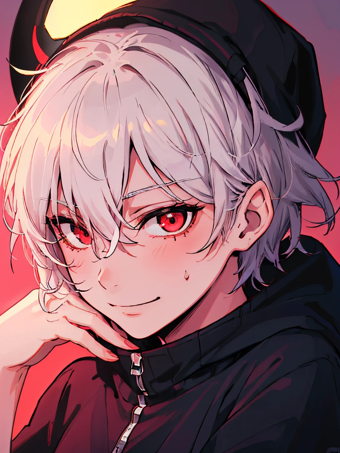 Libido boy, young, Attractive face, red eyes, with short white hair, eyeslashes, Applejack hat, whitet-shirt, Black sweatpants,Red sweatshirt,Eternal, (Best quality, Stunningly detailed:1.25), (Alone:1.3), evil smile，glowing light