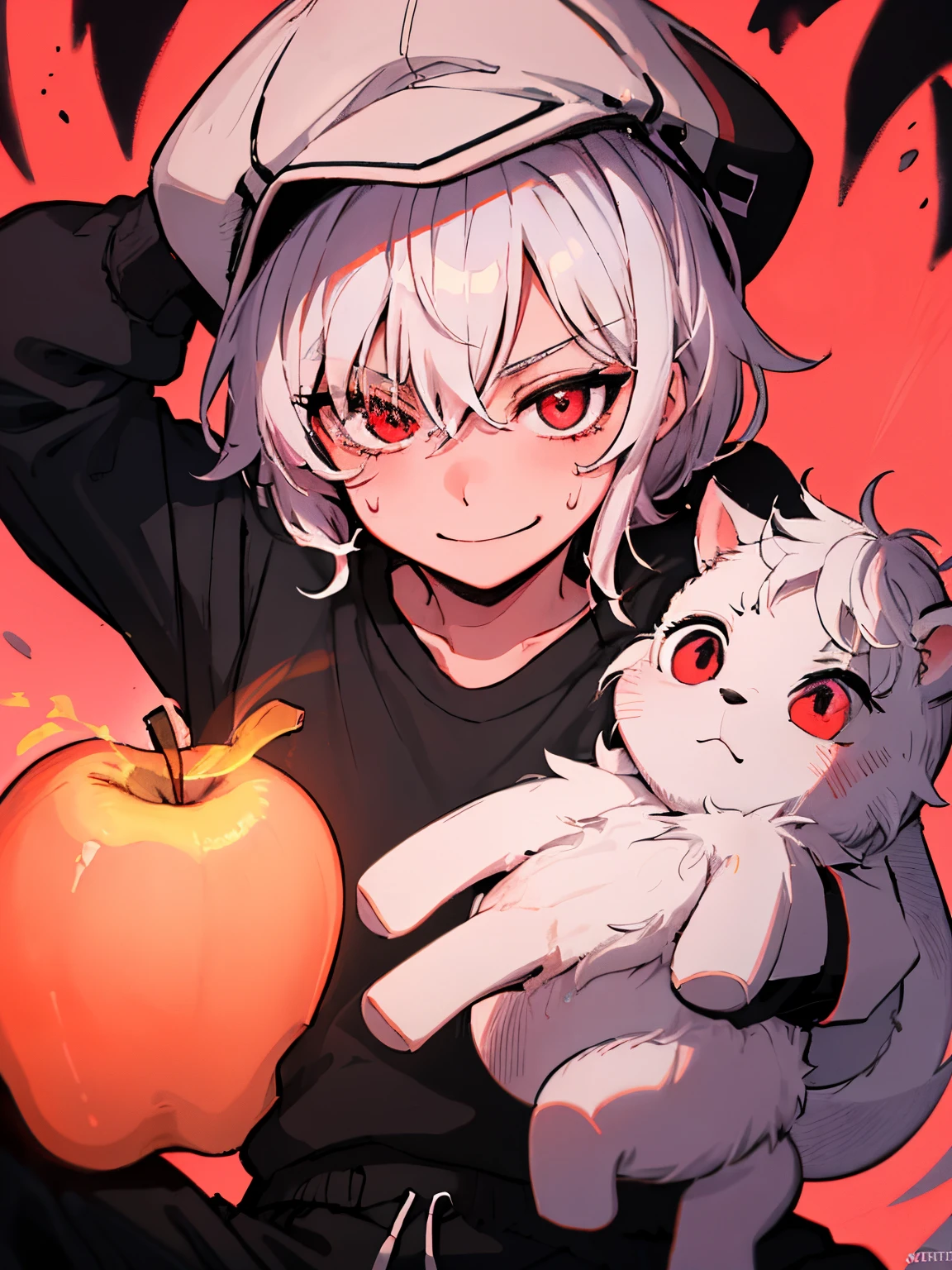 Libido boy, young, Attractive face, red eyes, with short white hair, eyeslashes, Applejack hat, whitet-shirt, Black sweatpants,Red sweatshirt,Eternal, (Best quality, Stunningly detailed:1.25), (Alone:1.3), evil smile，glowing light