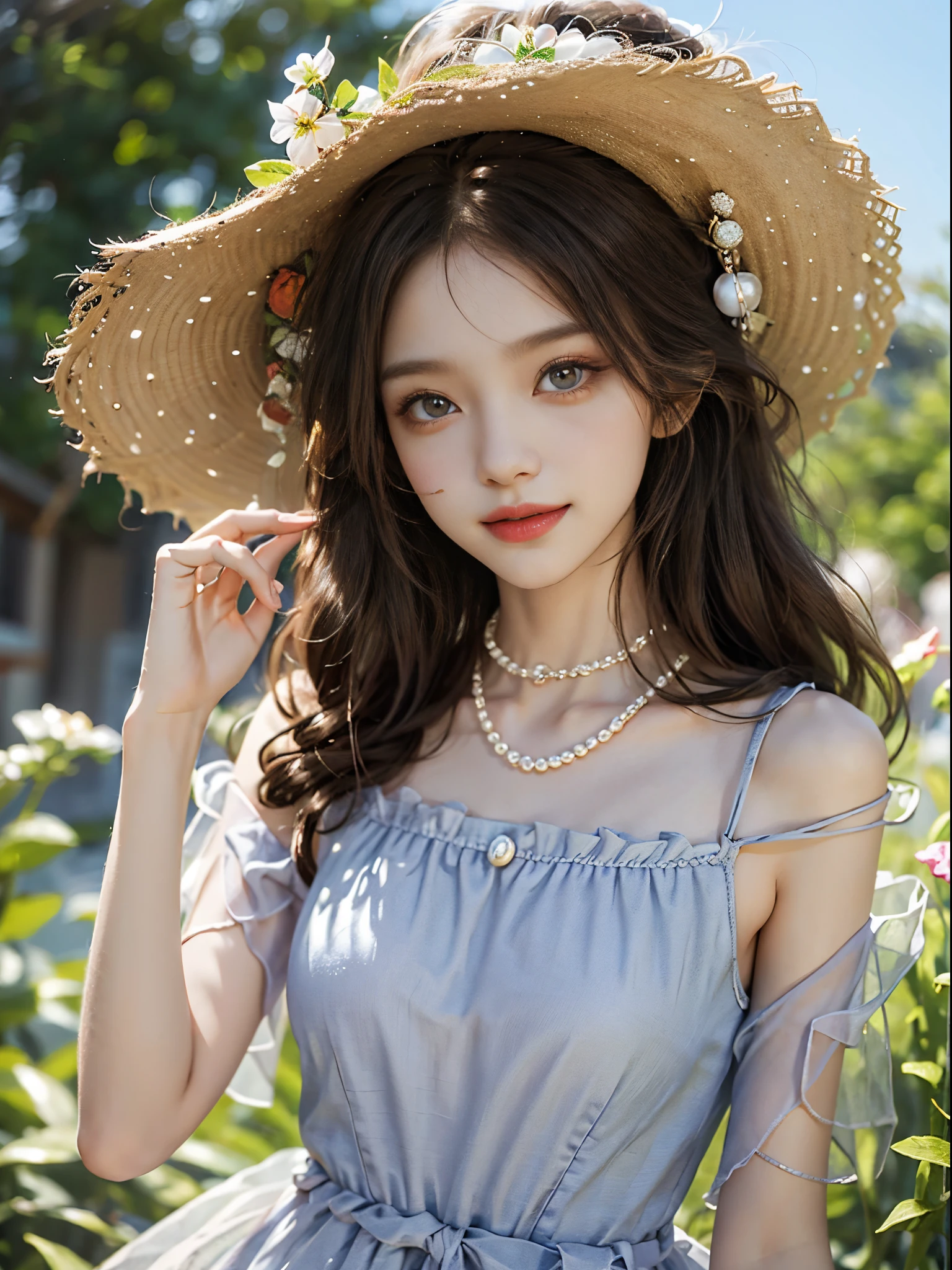 Sweet girl clothes2,pearl necklace,blue dress,flower,, fashi-girl, ((cowboy shot)), A beautyful girl, a young female model, Random pose, posing elegantly, visually appealing, tmasterpiece, (Best quality at best, 4K, 8K, A high resolution, tmasterpiece:1.2), a warm color palette, ultra - detailed, Ultra-fine painting, delicated face, long slim figure, slim, largeeyes, pretty eyes, Hefty Smile, Random shooting angle, Random scenes