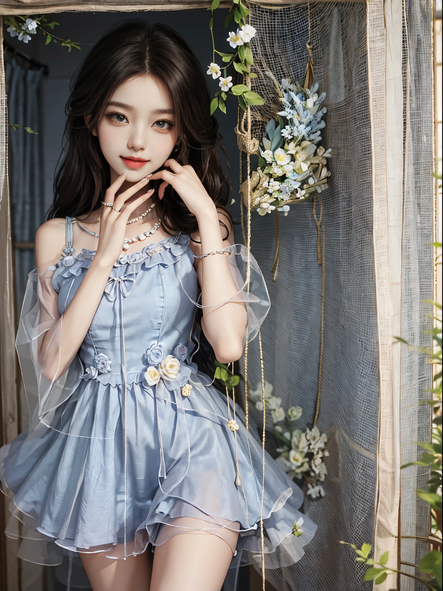 Sweet girl clothes2,pearl necklace,blue dress,flower,, fashi-girl, ((cowboy shot)), A beautyful girl, a young female model, Random pose, posing elegantly, visually appealing, tmasterpiece, (Best quality at best, 4K, 8K, A high resolution, tmasterpiece:1.2), a warm color palette, ultra - detailed, Ultra-fine painting, delicated face, long slim figure, slim, largeeyes, pretty eyes, Hefty Smile, Random shooting angle, Random scenes