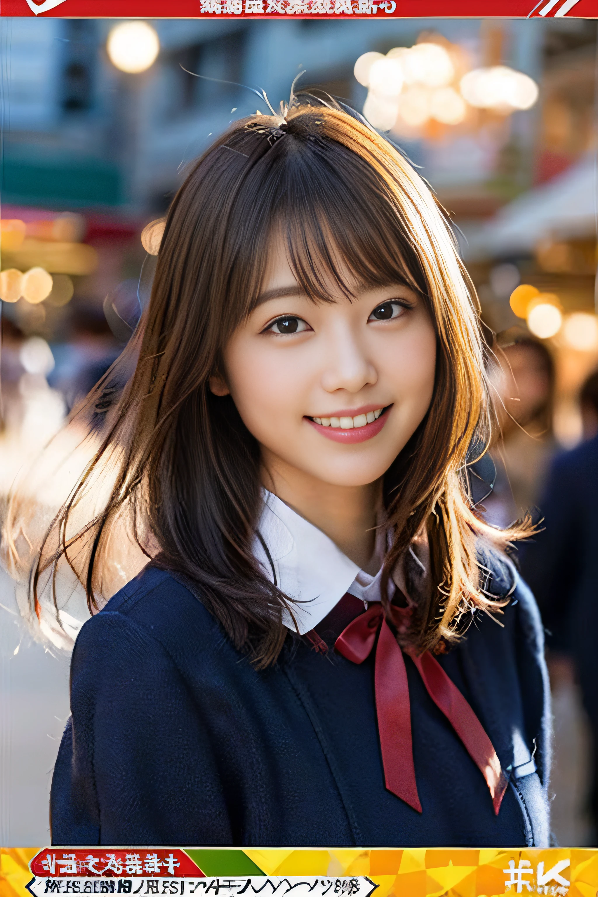 (8K、Raw photography、top-quality、masterpiece:1.2)、(realisitic、Photorealsitic:1.37)、ultra-detailliert、超A high resolution、女の子1人、see the beholder、beautifull detailed face、A smile、Constriction、(Slim waist) :1.3)、Beautiful detailed skin、Skin Texture、Floating hair、Professional Lighting、Whole human body、Longhaire、a blond、japanese hight school uniform、hi-school girl、Christmas Lights、red ribbon hair、Happy smile、Childish smile、Suppin、red school uniform、trading card
