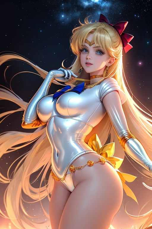 Realistic, foto ultra-micro, Qualidade Superior, ultra detalhado CG unidade 8k papel de parede, de baixo, detailed perfect hands, (1 female), 18 anos, (Uniforme Sailor Senshi, saia laranja, luvas de cotovelo, head gear, colar laranja do marinheiro, red bow, Gargantilha Laranja, luvas brancas, jewelries), incrivelmente longo reta loira muito brilhante: 1.2, Brilhante e bonito cabelo loiro liso longo: 1.2, Sailor Venus, Minako Aino, Aparentemente um uniforme de marinheiro Chiseki, Minissaia plissada sexy laranja cintilante: 1.3, (The blue bow in the center of the chest too big: 1.4, Cocar de ouro na testa: 1.5, Use luvas laranjas nos cotovelos: 1.1, bare arm: 1.1, Bota longa esmaltada laranja na altura do joelho,Detalhes dourados luxuosos: 1.3, Gola laranja larga saturada, Colar de marinheiro laranja saturado, The red bow on the back of the head too big: 1.1, Long gloves of white latex,Decorado com detalhes dourados luxuosos: 1.3, Very large yellow bow at the back of the waist: 1.1, Gargantilha Laranja, Parece sexy e ousado, orange heart-shaped earrings)),
((sorriso sedutor, cara muito bonita olhar, detalhes do rosto: 1.5, olhos azuis brilhantes, beautiful face, Olhos bonitos, olhos brilhantes, thin lips: 1.3, fino, sharp pale eyebrows, long dark eyelashes, Double eyelashes)), Joias de ouro de luxo, (Very slim fit high gloss white holographic leather: 1.3), Sexy and bold high gravel dressing room, (postura de luta), Asas brancas enormes, musculoso, abdominais musculares, Rosto pequeno, Seios enormes, perfectly proportions, cintura fina, pose de modelo sexy, visible pores, perfect hands: 1.5, octane rendering, very dramatic images, Luz natural intensa, sunlight, exquisite lighting and shadows, Dynamic angles, Harpa SLR digital, foco: 1.0, Maximum clarity and sharpness(Teologia dourada, Heartstorm space background, Gold Chain Dynamic Background, Homem de Ouro: 1.2, cabelos dourados, Venus, luar, lua, Dynamic background, DetalhadoAntecedentes))