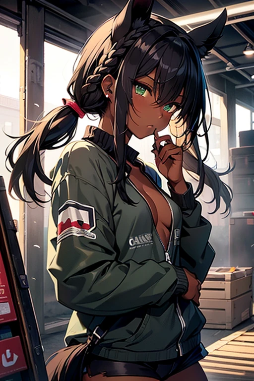 nsfw、masterpiece、best quality、super detailed skin、1catgirl、jadegreen eyes、skin/(dark skin)、horse ears、horse tail、hair/(braided side pigtails)、flipped hair、midnight black hair、cleavage、small torn top、torn hotpants