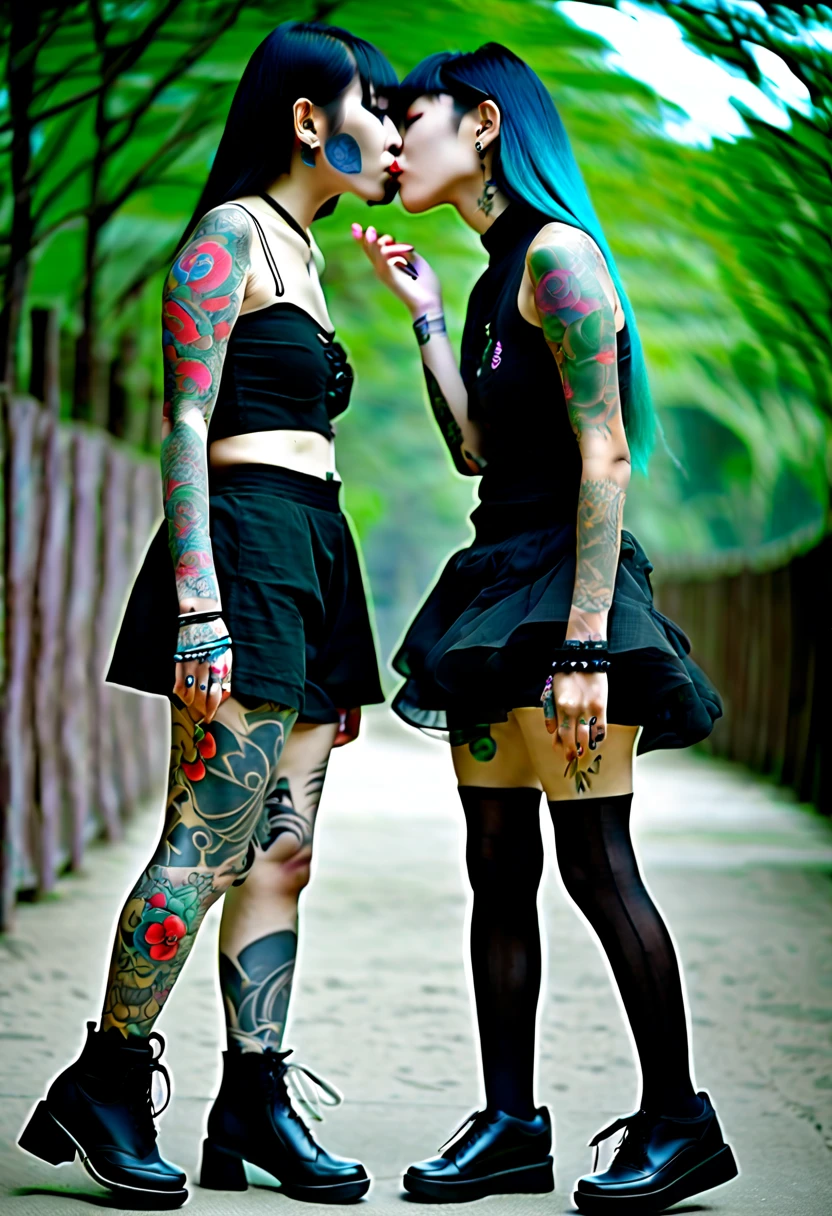 two different asian goth girls with full body tattos kissing