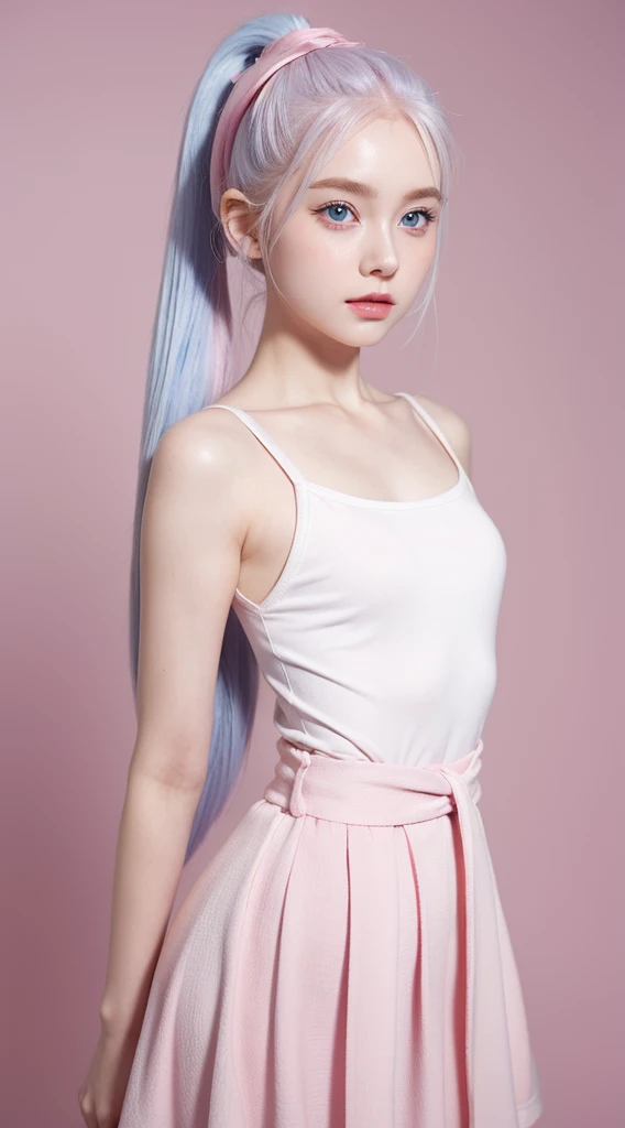 A adorable cute standing with blue eyes, pale skin, smooth pale skin, skin tune pink, cute face, white hair, ponytail hair, super detailed, 8k