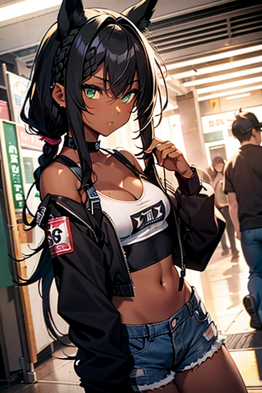 nsfw、masterpiece、best quality、super detailed skin、1catgirl、jadegreen eyes、skin/(dark skin)、horse ears、horse tail、hair/(braided side pigtails)、flipped hair、midnight black hair、cleavage、small torn crop-top、torn hotpants