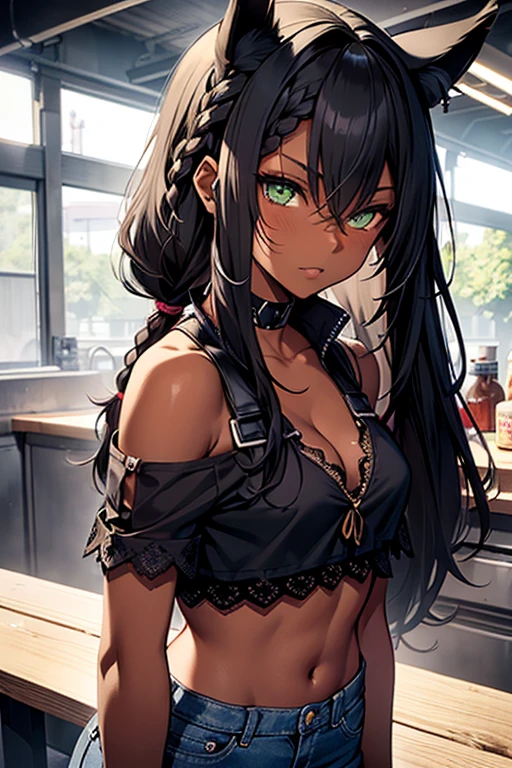nsfw、masterpiece、best quality、super detailed skin、1catgirl、jadegreen eyes、skin/(dark skin)、horse ears、horse tail、hair/(braided side pigtails)、flipped hair、midnight black hair、cleavage、small torn crop-top、small lace crop-top、torn hotpants