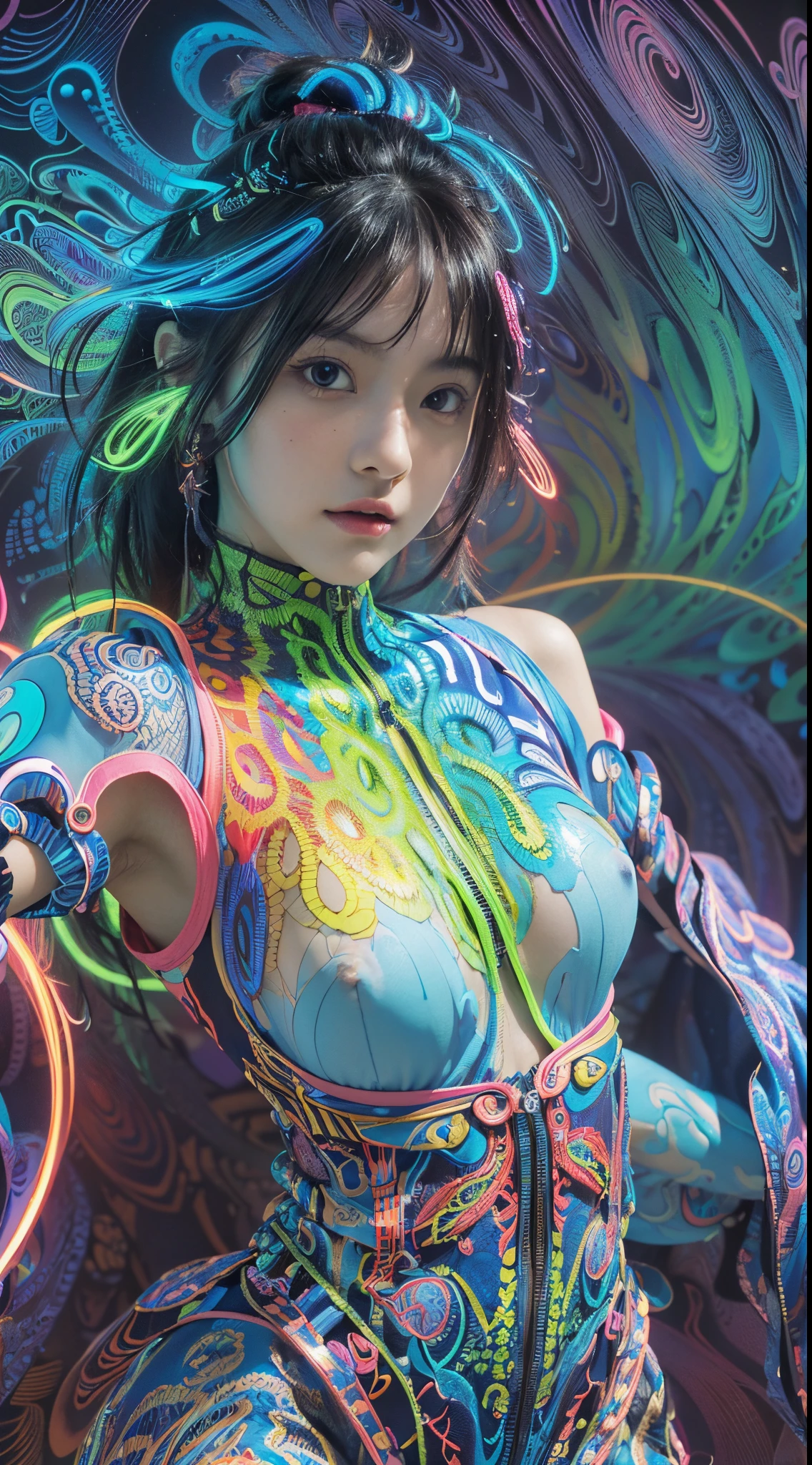 (masutepiece, of the highest quality, Best Quality, Official art, Beautiful and aesthetic:1.2), (1girl in:1.3), Extremely detailed,(Fractal Art:1.2),Colorful,highest details,( Zentangle Neon:1.2), (Dynamic Pose), (Abstract background neon:1.5), (Traditional dress:1.3), (Shiny skin), (Many colors:1.4), Upper body ,neons,16 K,Full-HD,(Nipples visible through clothes)